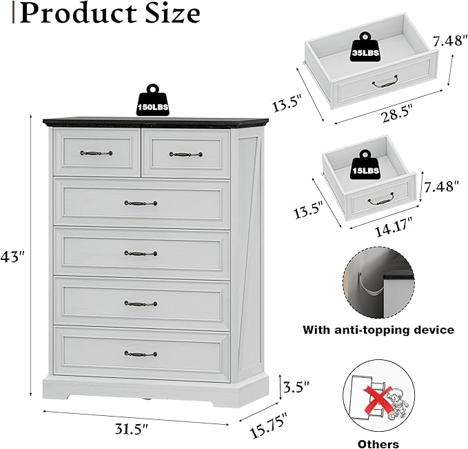 Farmhouse 6 Drawers Dresser for Bedroom, 43" Tall Modern Chest of Drawers with Deep Drawers & Bar Handles, Rustic Wood Dresser TV Stand, Wooden Closet Storage Organizer for Living Room, Hallway, White