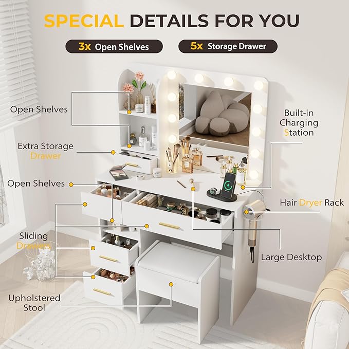 Vanity Desk with LED Lighted Mirror&Power Outlet, 3 Lighting Colors Makeup Vanity Desk with 5 Large Drawers and 3 Storage Shelves, White Vanity with Storage Stool for Bedroom
