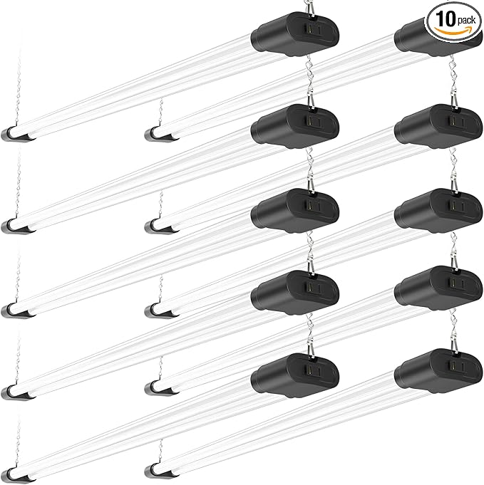Ensenior 10 Pack Linkable Led Shop Light 4ft for Garage, 4400 High Lumens, 36W Equivalent 280W, 5000K Daylight, 48 Inch Utility shop led lights, Surface or Hanging Mount Fixtures, Black, ETL Certified