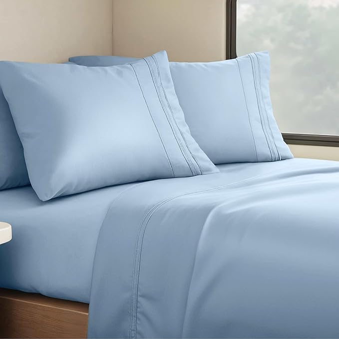 Clara Clark Bed Sheets, Premier 1800 Series 4 Piece RV Queen Sheet Set, Luxury Soft Sheets for RV Bunks, Short Queen - Stone Blue