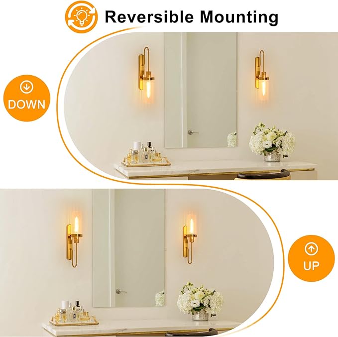 Gold Wall Sconces Set of 2, Modern Bathroom Lights with Clear Glass Shade, Indoor Farmhouse Wall Sconce for Living Room, Bedroom, Hallway, Vanity, Stairwell and Kitchen
