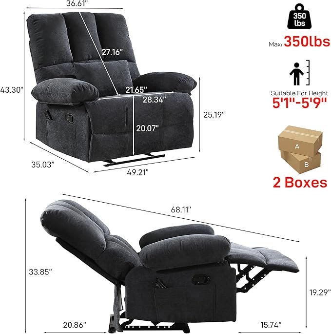 Oversized Recliner Chair Extra Wide Large Recliner for Adults 350lbs with Lumbar Support Pillow Nursery Chair Living Room (Manual, GREY-6008)