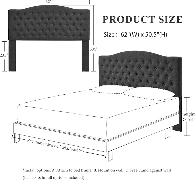 Linen Upholstered Headboard Queen/Full Size Latest Model Wall Mount, Bed Frame Mount, Featuring High-Density Sponge Padding, Luxury Texture Easy Assembly Comfort and Style-Dark Gray