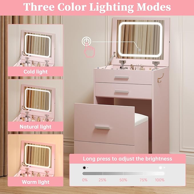 Compact Vanity with 3 Drawers, 3 in 1 Vanity Desk, Makeup Desk with Flip-up 3 Colors Lighting Mirror and Cushioned Stool, Small Vanities Nightstand Perfect for Bedroom, Pink
