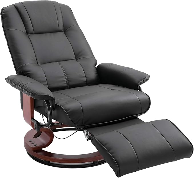 HOMCOM Faux Leather Manual Recliner, Adjustable Swivel Lounge Chair with Footrest, Armrest and Wrapped Wood Base for Living Room, Black