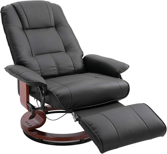 HOMCOM Faux Leather Manual Recliner, Adjustable Swivel Lounge Chair with Footrest, Armrest and Wrapped Wood Base for Living Room, Black