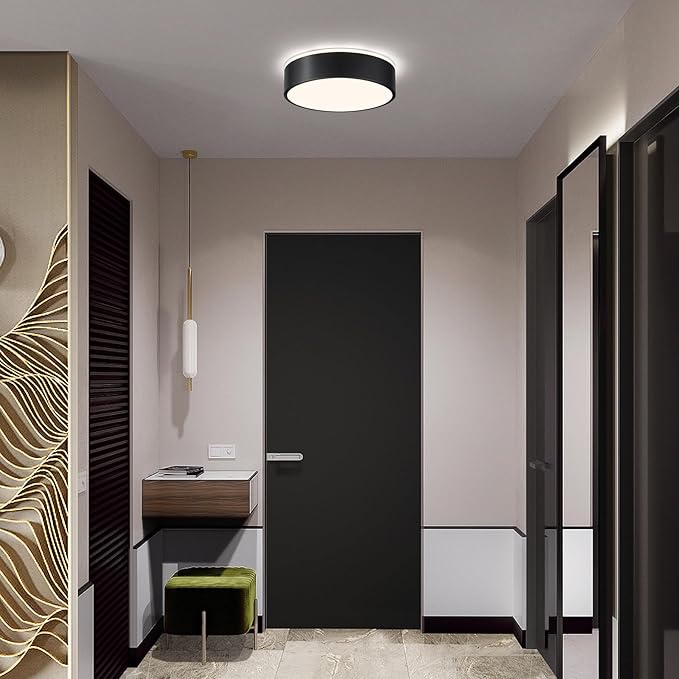 Vikaey Black LED Ceiling Light, Modern Flush Mount Ceiling Light Fixture, Minimalist Round Metal Lighting Fixture Ceiling Lamp for Hallway, Entryway, Bedroom, Balcony, 11.81 Inch