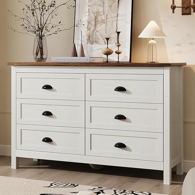 White Dresser for Bedroom, Farmhouse 6 Drawers Dresser, Wide Chest of Drawers with Metal Handles, Modern Wood Double Chest Storage Cabinet for Living Room, Bedroom, Hallway