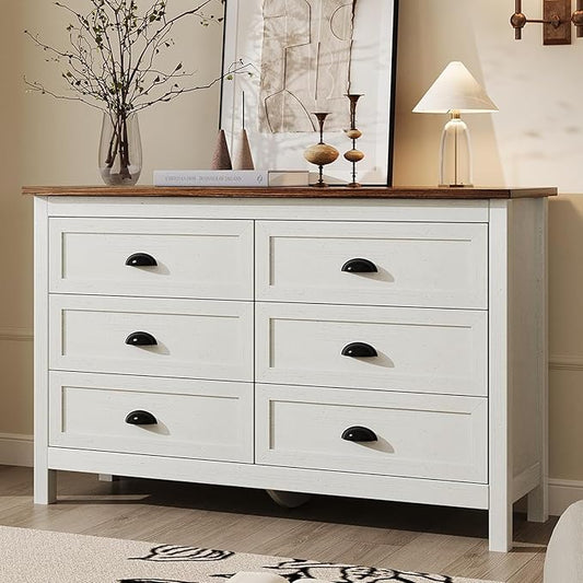 White Dresser for Bedroom, Farmhouse 6 Drawers Dresser, Wide Chest of Drawers with Metal Handles, Modern Wood Double Chest Storage Cabinet for Living Room, Bedroom, Hallway