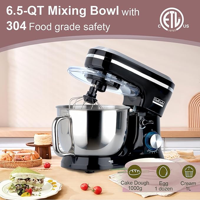 Household Stand Mixer with 6.5 Quart Bowl, Electric Food Mixer 10+p Speeds 660W, Kitchen Tilt-Head Bread Dough and Cake Mixers with Dough Hook, Whisk, Beater, Splash Guard and Egg Separator (Black)