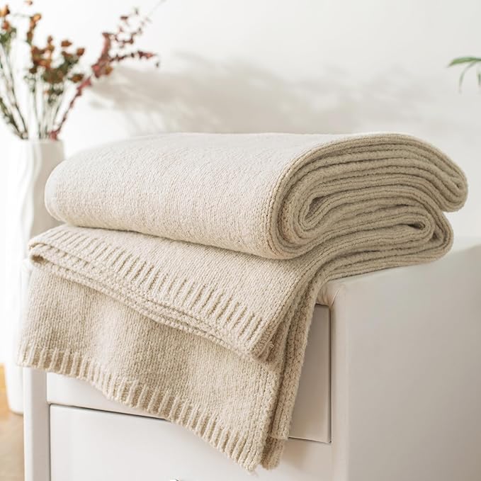 Carriediosa Wool Blend Knit Throw Blanket 50" X 60", 50% Recycled Polyester Soft Cable Knitted Fluffy Throws for Couch Lightweight Woven Blankets for Sofa Fuzzy Cozy Bed Cover, Light Beige