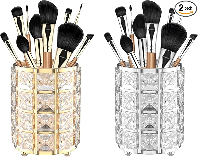 LUGUNU Makeup Brush Holder with Silver Golden Crystal Bling – Elegant Vanity Organizer for Brushes, Pens & Pencils, Ideal for Bathroom or Office Countertop(2Pack)