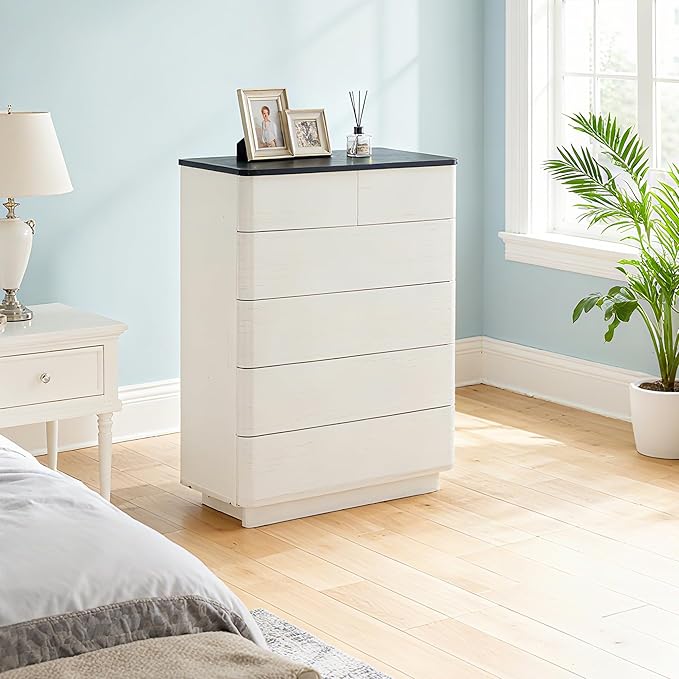 JXQTLINGMU 6 Drawer Dresser for Bedroom, 42" Tall Modern Push-to-Open Chest of Drawers, Wood Storage Organizer w/Curved Profile & Handleless Design for Bedroom, Living Room, Off White
