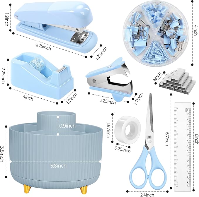 SKYDUE Desk Organizers and Accessories 10Pcs, 360-Degree Rotating Pen Holder, Stapler, Staple Remover, Tape Dispenser,2pcs Tape Refills, Binder Paper Clips Kit, Scissor (Blue)