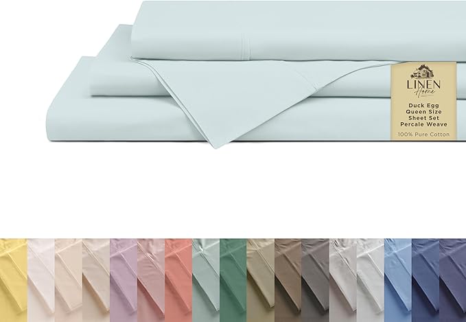 Linen Home 100% Cotton Percale Sheets Queen Size, Blue Duck Egg, Deep Pocket, 4 Pieces Set - 1 Flat, 1 Deep Pocket Fitted Sheet and 2 Pillowcases, Crisp Cool and Strong Bed Linen