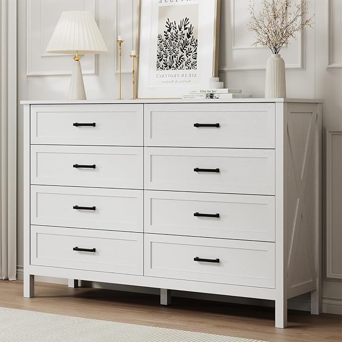 LYNSOM Farmhouse 8 Drawer Dresser for Bedroom, 55 Inch Wide Wood Rustic Chest of Drawers with X-Marking & Bar Handle, Large Storage Dressers Organizer for Bedroom, Living Room, White