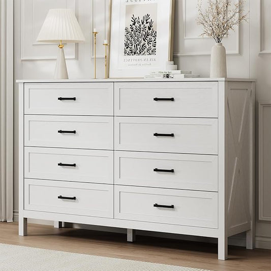 LYNSOM Farmhouse 8 Drawer Dresser for Bedroom, 55 Inch Wide Wood Rustic Chest of Drawers with X-Marking & Bar Handle, Large Storage Dressers Organizer for Bedroom, Living Room, White