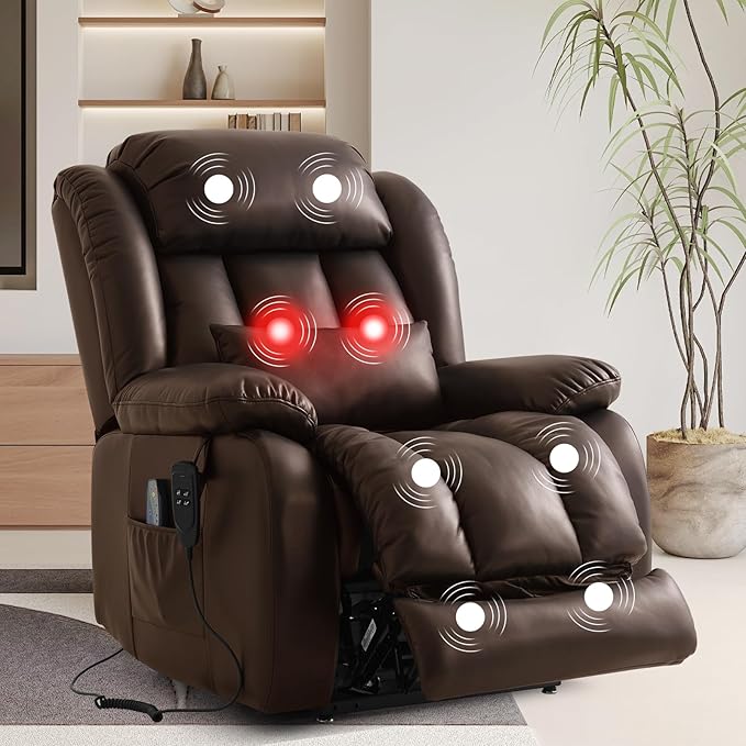TEKAMON Power Lift Recliner Chair for Elderly with Heat & Massage, Dual Motor Genuine Leather Recliner, Lay Flat Sleeping Chairs with Infinite Position, RemoteControl(Brown, Extended)