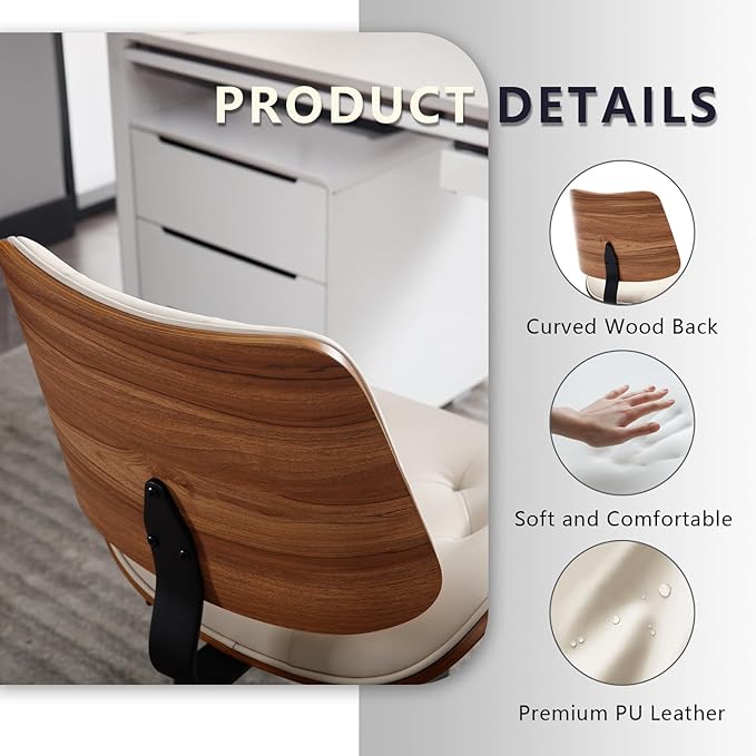 Armless Home Office Chair with Wheels, PU Leather Adjustable Height Computer Desk Chair, 360 Swivel Small No Arms Chair, Modern Button Walnut Style for Office, Reading Meeting Room(Beige)