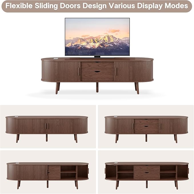 Alohappy 59" Mid Century Modern TV Stand with Charging Station, Curved Edge Fluted TV Media Console Table with Drawer and Shelf, Farmhouse Entertainment Center for Living Room, Bedroom, Walnut