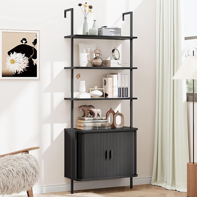 72" Tall Fluted Bookshelf, 4-Tier Open Display Ladder Shelf with Sliding Tambour Doors, Modern Wall Mounted Bookcase Cabinet with Metal Frame for Living Room, Bedroom, Home Office, Black