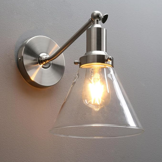 PERMO Industrial Vintage Slope Pole Wall Mount Single Sconce with Funnel Flared Clear Glass Shade Wall Sconce Light Lamp Fixture (Brushed)