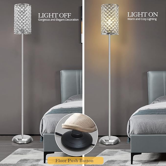GyroVu Crystal Floor Lamp, Elegant Standing Lamp Modern Floor Lamp Silver Finish Tall Pole Lamp Accent Light with On/Off Foot Switch for Living Room, Girl Bedroom, Dresser, Office