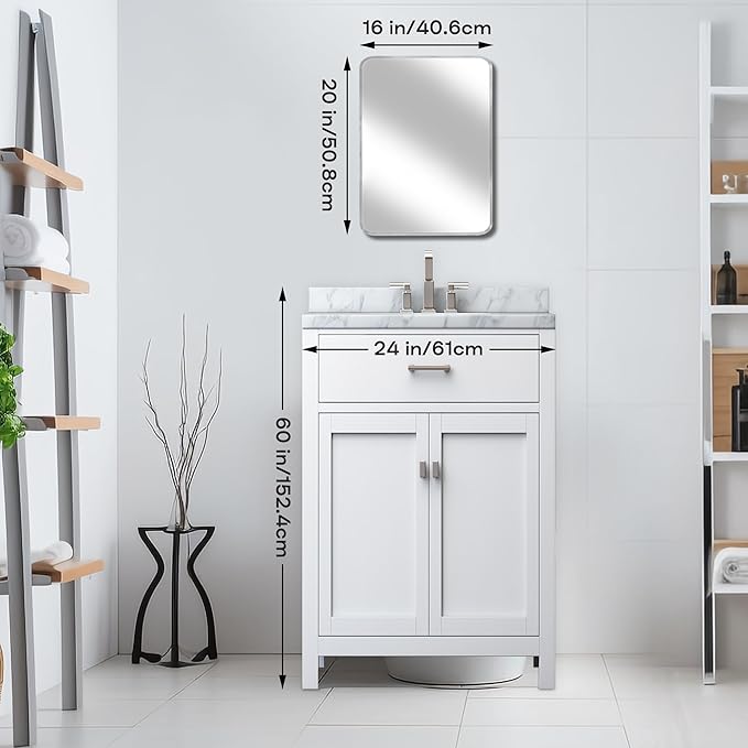 Wall Mount Mirror for Bathroom, Brush Silver Metal Framed Rounded Corner Rectangular Vanity Mirror (16" x 20", Silver)