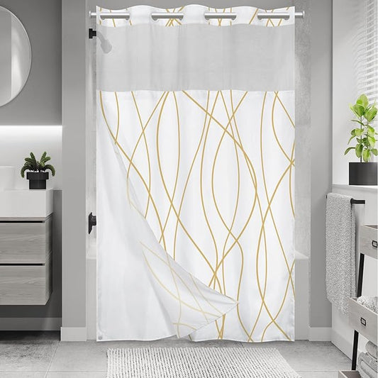 No Hook Gold White Striped Stall Shower Curtain with Snap in Liner Set - Hotel Shower Curtain and Liner Set with See Through Mesh Top Window,Machine Washable, 54x80 INCH
