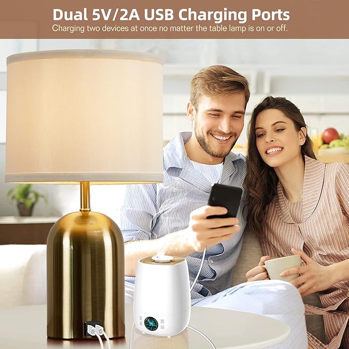 GyroVu Touch Control Table Lamps Set of 2, Bedside Table Lamps for Bedrooms Set of 2 Modern Living Room 3 Way Dimmable Gold Bedside Lamp for End Table with 2 USB Charging Ports, 2 Bulbs Included