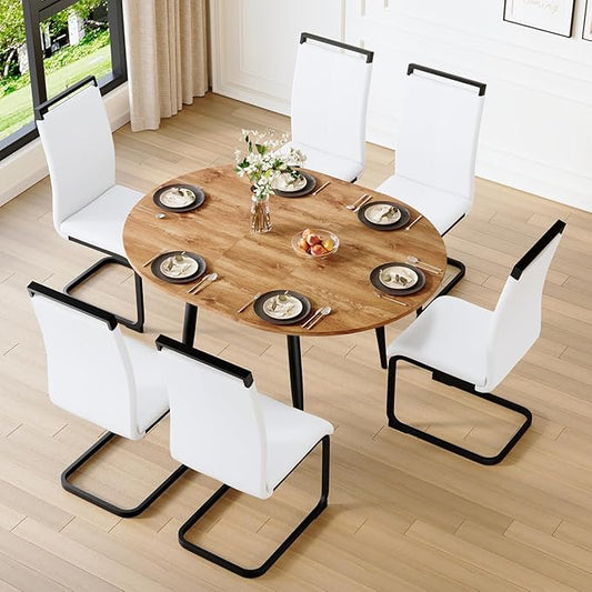 42"-54" Extendable Dining Table Set for 6, Oval Dining Table Set for 6, 0.73" Thick Wood Tabletop with Smooth Edge, Black Metal Leg with Non-Slip Footmat, 6 Soft PU Chairs, for Kitchen, Small Space
