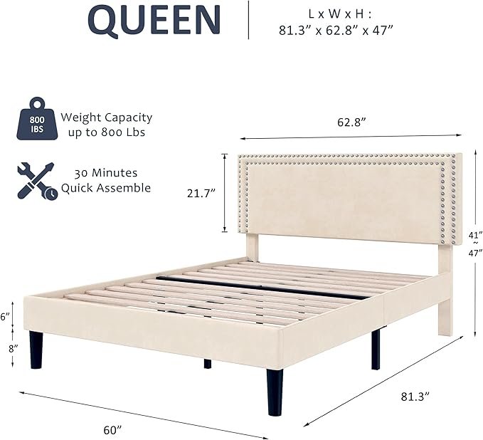 VECELO Queen Size Bed Frame with Adjustable Upholstered Headboard, Wooden Slats Platform, Noise-Free Design, Easy Assembly