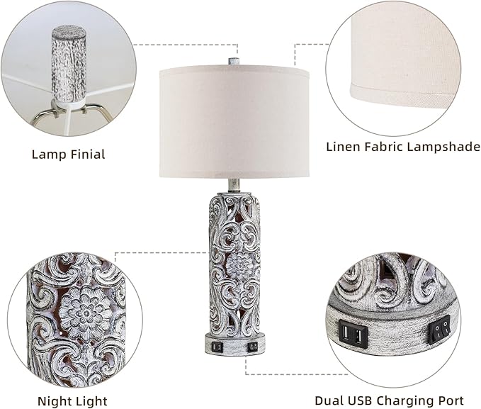 25'' Set of 2 Farmhouse Table Lamps with 2 USB Ports for Living Room Bedroom, Rustic Vintage Table Lamp with Nightlight, Earthy Yellow Hollow Out Resin Lamp for End Table, 2 Bulbs Included