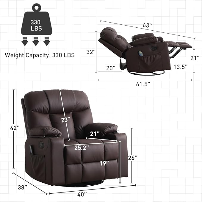 Bonzy Home Oversized Swivel Rocker Recliner, 40" Rocking Chair with Heating and Massage, PU Leather Single Sofa with 360° Swivel, 2 Cup Holders for Living Room Bedroom, Brown