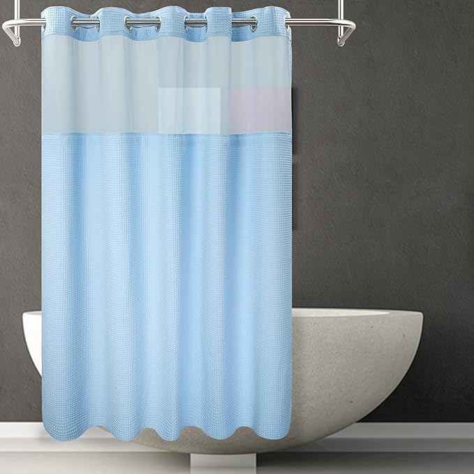 River Dream Sky Blue Fabric Shower Curtain Set, Cotton Blend, Waffle Weave, with Snap in Replacement Liner，71 x 74 inches