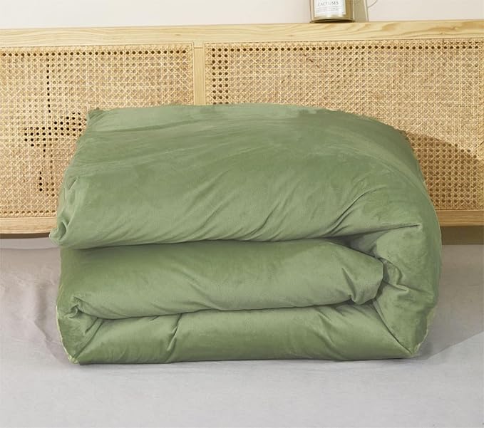 Luxlovery Sage Green Velvet Comforter Queen Set - Light Green Plush Fluffy Bedding with Green Flannel Blanket & Sherpa Micromink Quilt for Women & Men