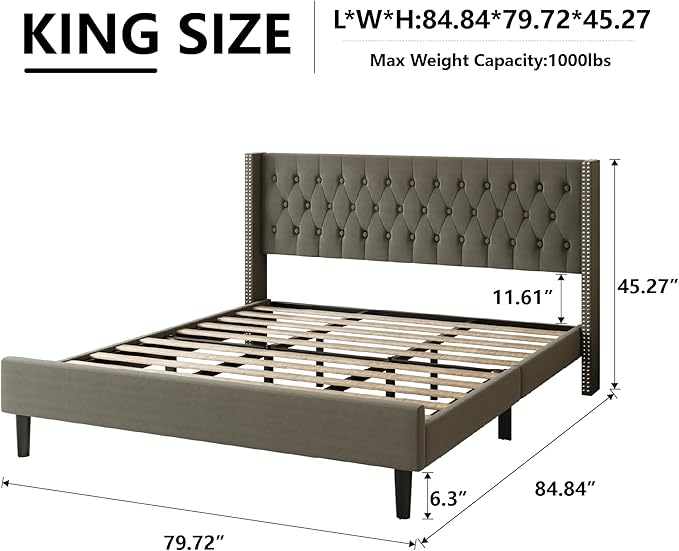 King Size Bed Frame, Upholstered Platform Bed with Wingback Headboard, Velvet Button Tufted, Easy Assembly, No Box Spring Needed, Green