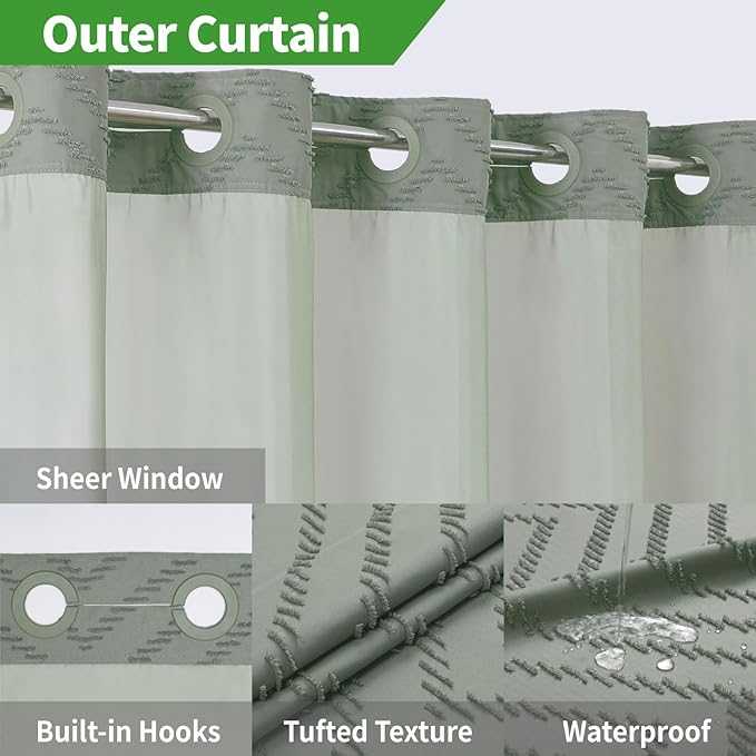 Long No Hook Tufted Chevron Striped Shower Curtain with Snap-in Fabric Liner set-71Wx80H(78H),Sage Green Hotel Grade Boho Style Shower Curtain with See Through Top Window,Water Repellent