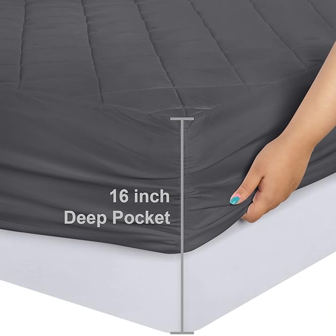Utopia Bedding Quilted Fitted Mattress Pad, King Size, Elastic Fitted Mattress Topper Protector and Cover Stretches up to 16 Inches Deep, Machine Washable (Grey)