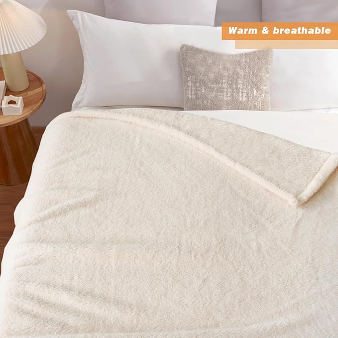 Sherpa Throw Blanket for Bed, Super Soft Cozy Fuzzy Plush Blankets for Winter, Reversible Thick Warm Blanket for Bed, Couch, Living Room, White, Queen Size 90"x 90"