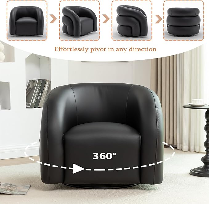 34.6" W Swivel Accent Chair, Modern Round Faux Leather Armchair for Living Room,Upholstered Comfy Sofa Chairs for Bedroom Reading Apartment Lounge,Fully Assembled(Black)