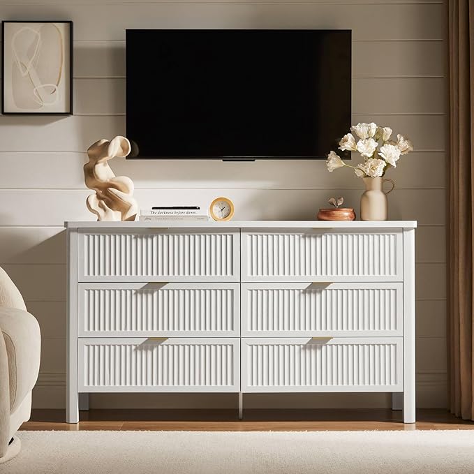 Fluted 6 Drawers Dresser for Bedroom, 55 Inch Wide Modern Wood Chest of Drawers, Mid Century Chests Drawer Clothing Organizer for Hallway (White)