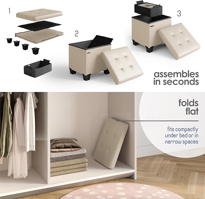 STORAGEBUD Storage Ottoman Cube with Small Bin, 16-in Square Ottoman with Storage for Living Room and Bedroom, Small Ottomans Foot Rest, Faux Leather Foot Stools Ottomans Max 330lbs, Beige