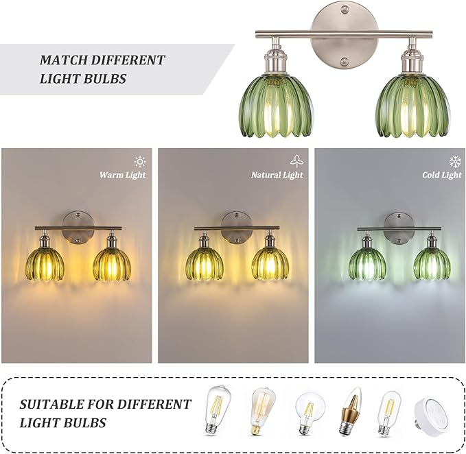 Bathroom Light Fixtures, 2-Light Vanity Wall Light Over Mirror with Green Tulip Glass Shade for Bedroom Living Room, Satin Nickel