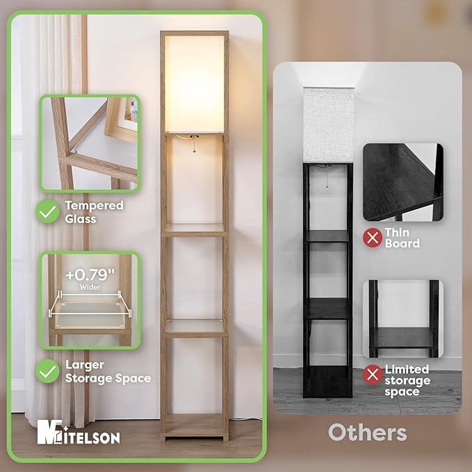 Floor Lamp with Shelves, Modern Shelf Lamps with LED Bulb, Corner Lamps with Glass Shelves, Display Shelf with Light, Standing Lamp for Living Room, Bedroom, Office-Rustic Wood