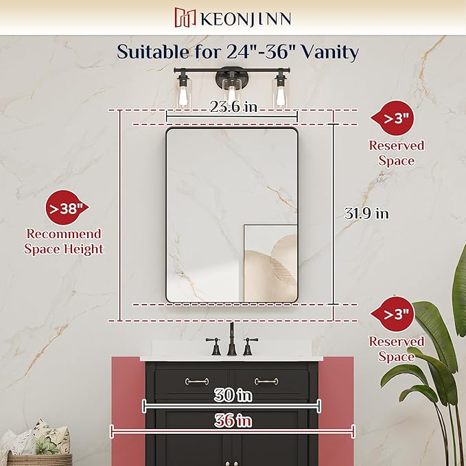 Keonjinn Brushed Nickel Mirror 24 x 32 Inch Silver Bathroom Mirror for Over Sink, Rounded Rectangle Farmhouse Vanity Mirror, HD Tempered Glass Wall Mirror, Aluminum Alloy Frame (Horizontal/Vertical)