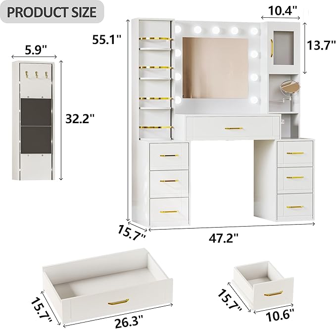 Makeup Vanity Desk with Mirror and Lights,Glass Top Dresser with Charging Station,Vanity Table with 7 Drawers and 10X Makeup Mirror,Rotating Open Storage Cabinet (White-10X Mirror, Large)
