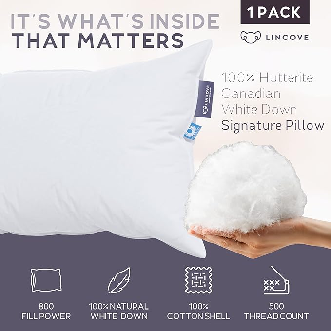 Lincove Signature 100% Natural Canadian White Down Pillow - Luxury Sleeping Pillow for Back, Stomach & Side Sleepers - 800 Fill Power, 500 Thread Count, Made in Canada, Queen - Medium, 1 Pack