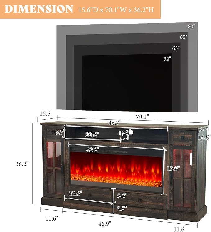 AMERLIFE 70“ Fireplace TV Stand for 80 Inch TV, Farmhouse TV Stand with 42" Fireplace & LED Lights, Entertainment Center with Storage Drawers & Cabinets, Dark Rustic Oak