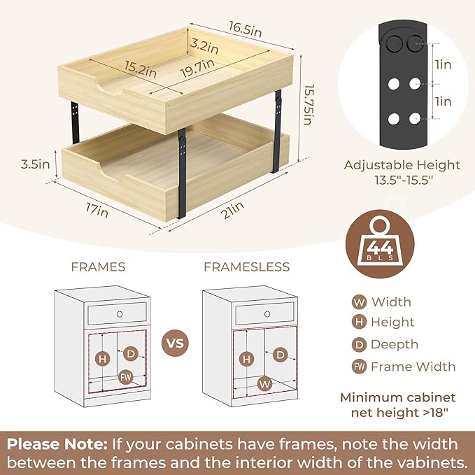 COOLBEBE 2 Tier Pull Out Drawers for Cabinets，17"W x 21"D Double Tier Slide Out Wood Drawer Shelf Organizer, Soft Close Cabinet Pull Out Shelves in Kitchen, Pantry, Bathroom